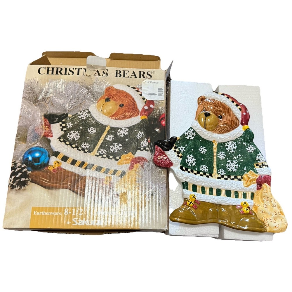 Vtg Debbie Mumm Christmas Bear Cookie Tray Earthenware 8x12 in. Sakura NEW 1998‎